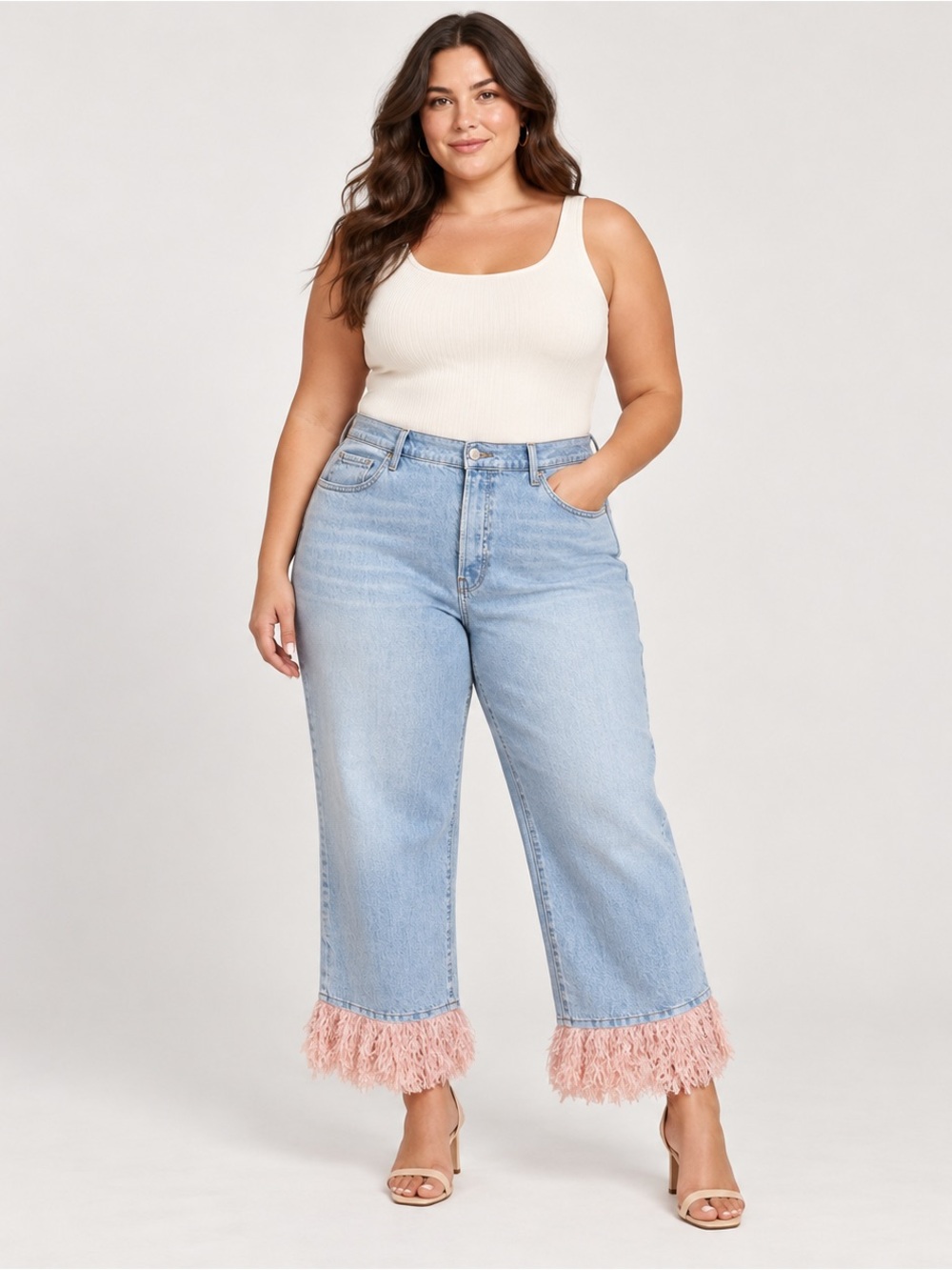 ASOS LUXE Curve Sz 16 Jeans Light Wash Pink Feathery Fringe Hem Button Fly
